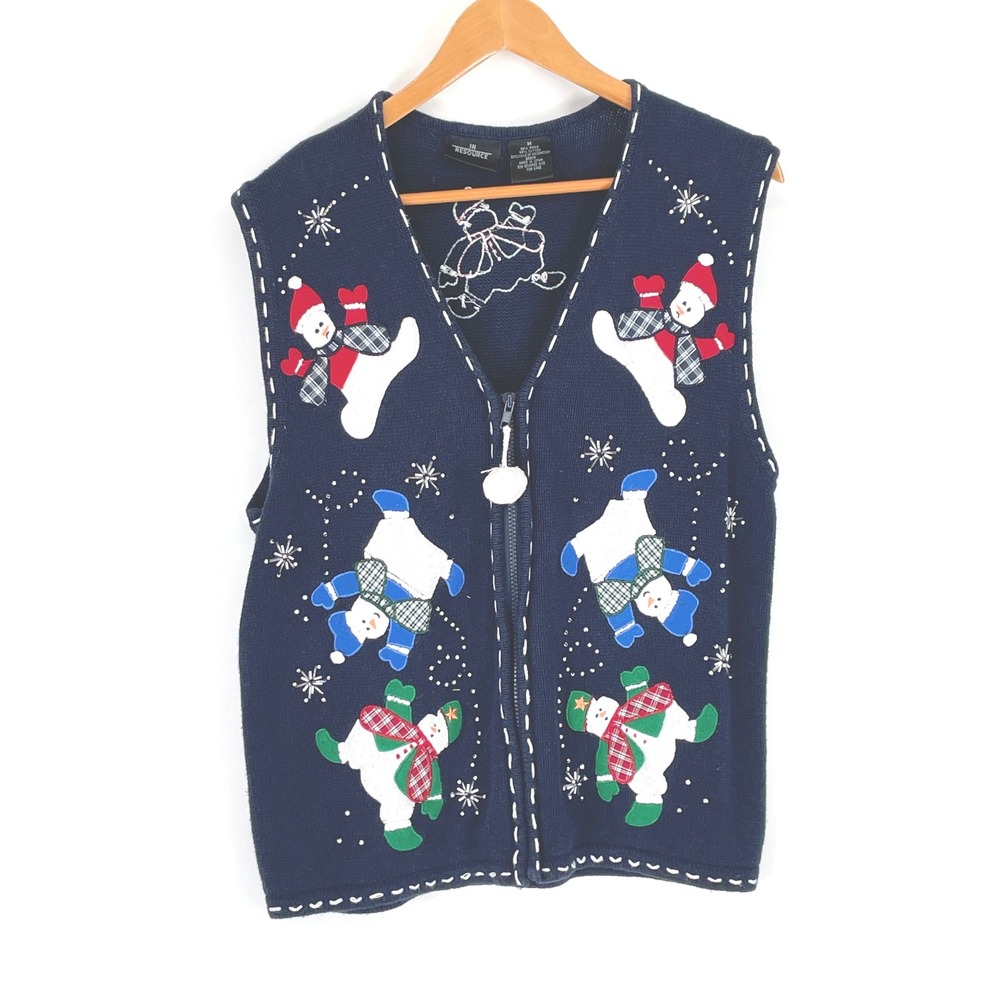 Vtg In Resource Womens Sweater Vest M Zip Up Navy Snowman Holiday Embroidered